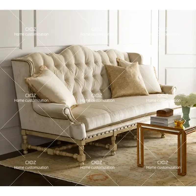 Rural Solid Wood Sofa with Buckle Backrest Double Fabric Couch Combination Leisure Seating for Living Room Home Furniture