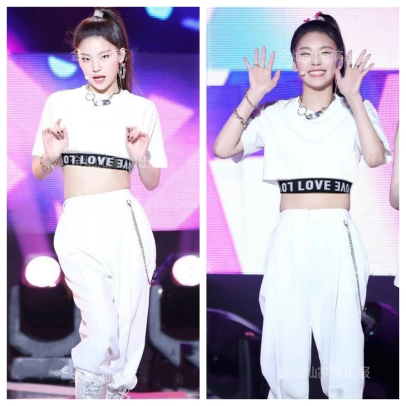 

Kpop Korean White Outfit Women Group Street Dance Wear Crop Top Loose Pants Jazz Dance Costume Girl Performance Hip Hop Clothing