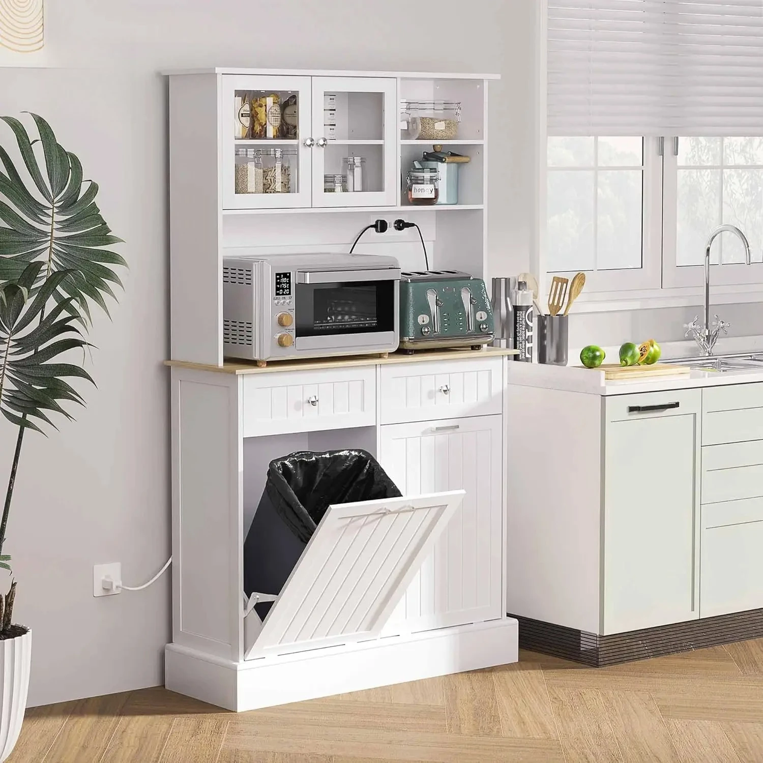 68" Kitchen Pantry Storage Cabinet with Charging Station, 2 Tilt Out 10 Gallon Trash Can Cabinets and Drawers,, Customized