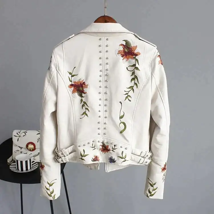 New Spring Autumn Women Biker Leather Jacket Floral Print Embroidery Pu Leather Jacket Turn-down Collar Zipper Jacket