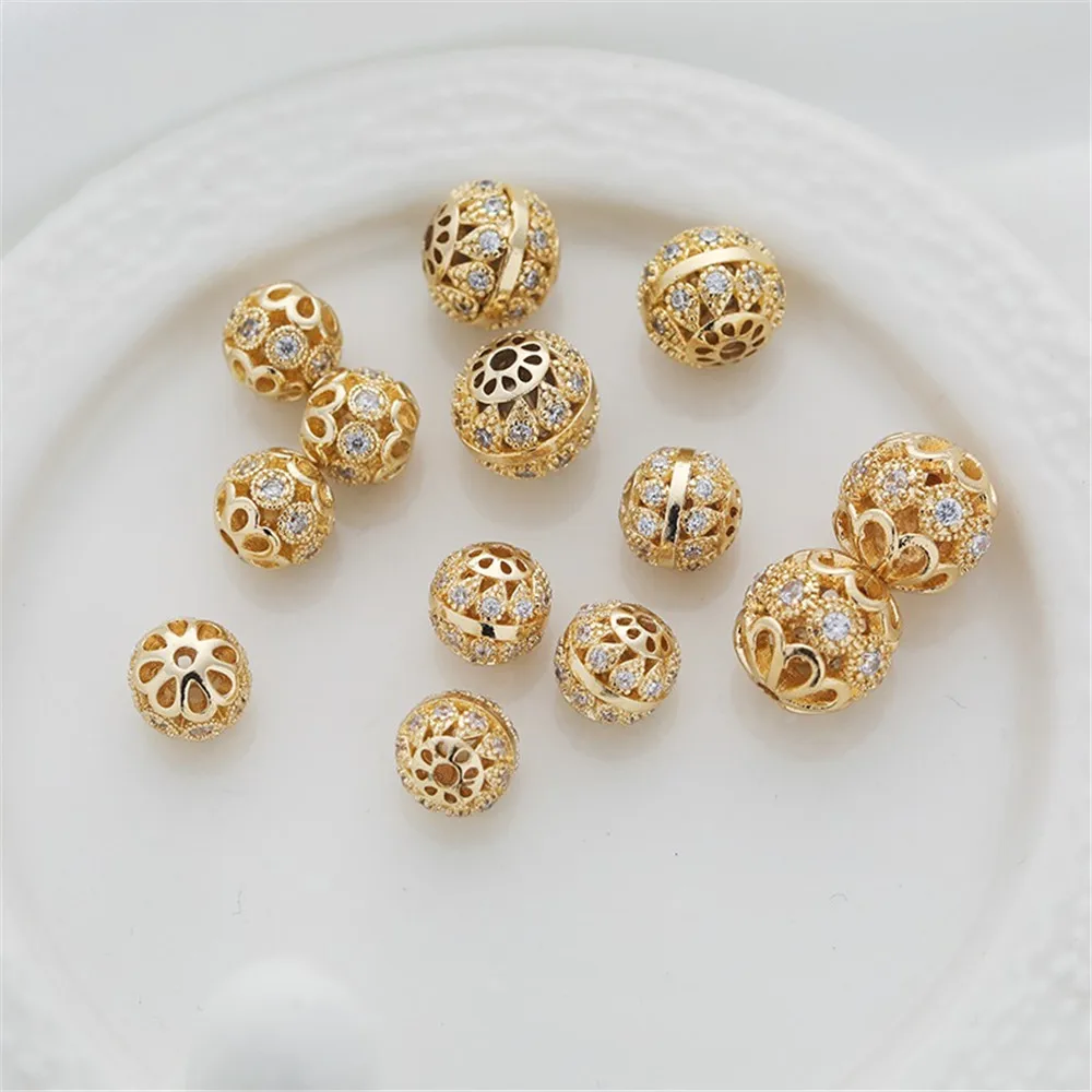 Hollow Zirconium Stone Beads, Separated by Embroidered Balls, Loose Beads DIY Spacer Bracelet Necklace Accessories 14K Gold 10mm