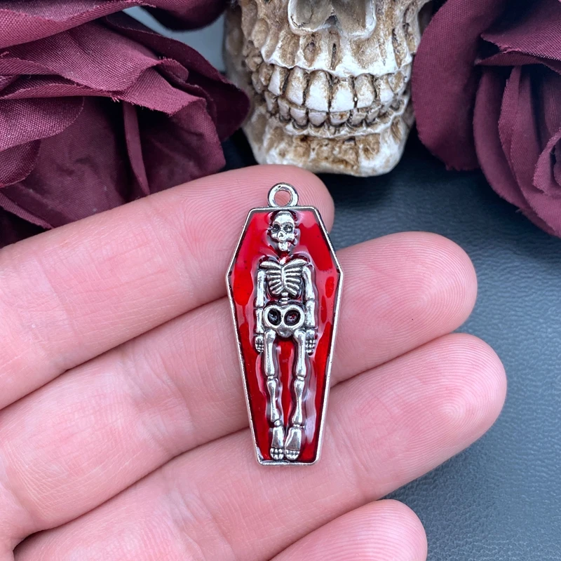 5pcs 41*18mm Gothic Skeleton Charm in Coffin,Blood Red Skeleton Charms Pendant Fit Halloween Jewelry Making DIY Jewelry Findings