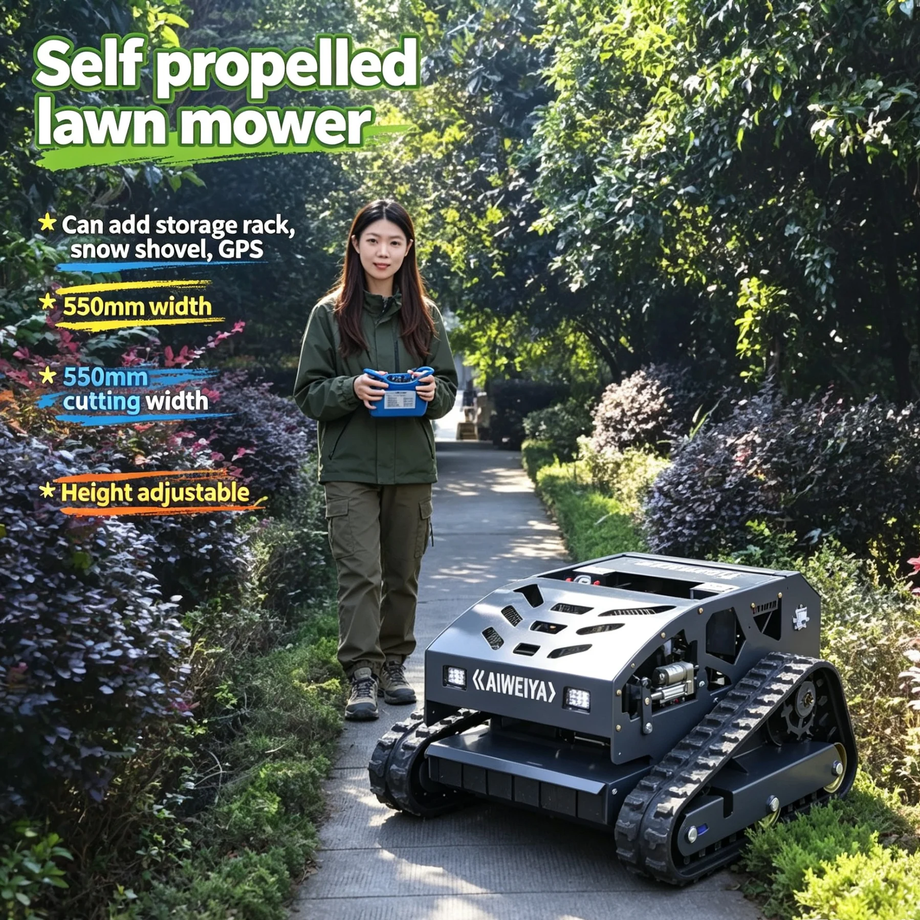 Customized wireless remote robotic lawn mower matches removable snow shovel, stable power keeps continuous 550mm mowing