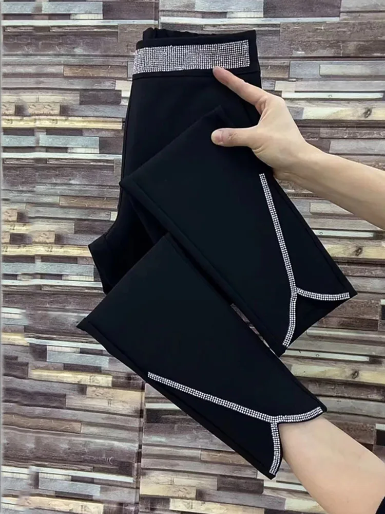 Diamond All-match Black Straight Wide Leg Trousers for Women Summer 2026 Thin Drape Pockets Loose High Waist Split XJ630