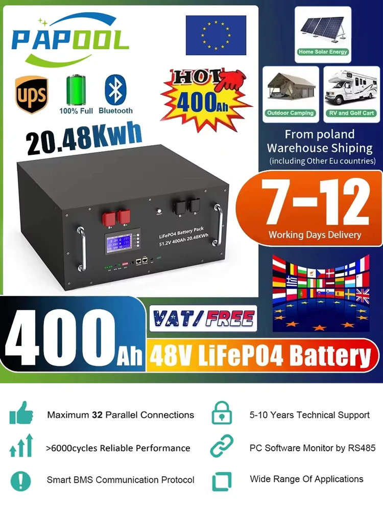 LiFePO4 Batterie 48V 400Ah 20Kwh 6500 Zyklen CAN RS485 51.2V 100Ah 200Ah 300Ah Lithium-Batterie für Solarstromspeicher Akku VERFÜGBAR in der EU