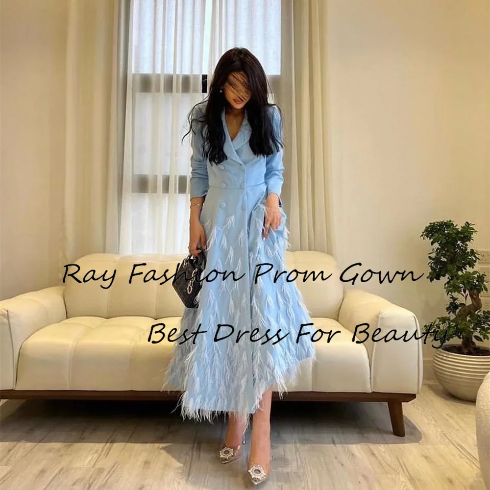 

Ray Fashion A Line Evening Dress V Neck With Full Sleeves Buttons Tea Length For Women Formal Occasion Saudi Arabia فساتين سهرة