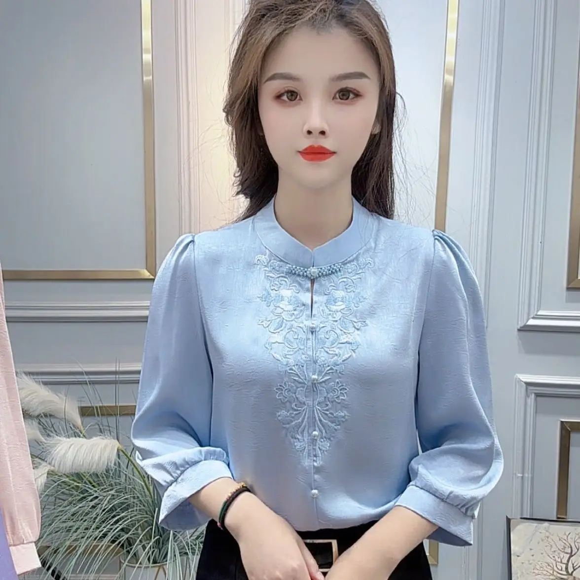 

Женская модная рубашка Ele с вышивкой, рукавом три четверти, приталенная, универсальная, на пуговицах, весна 2025, китайский дизайн