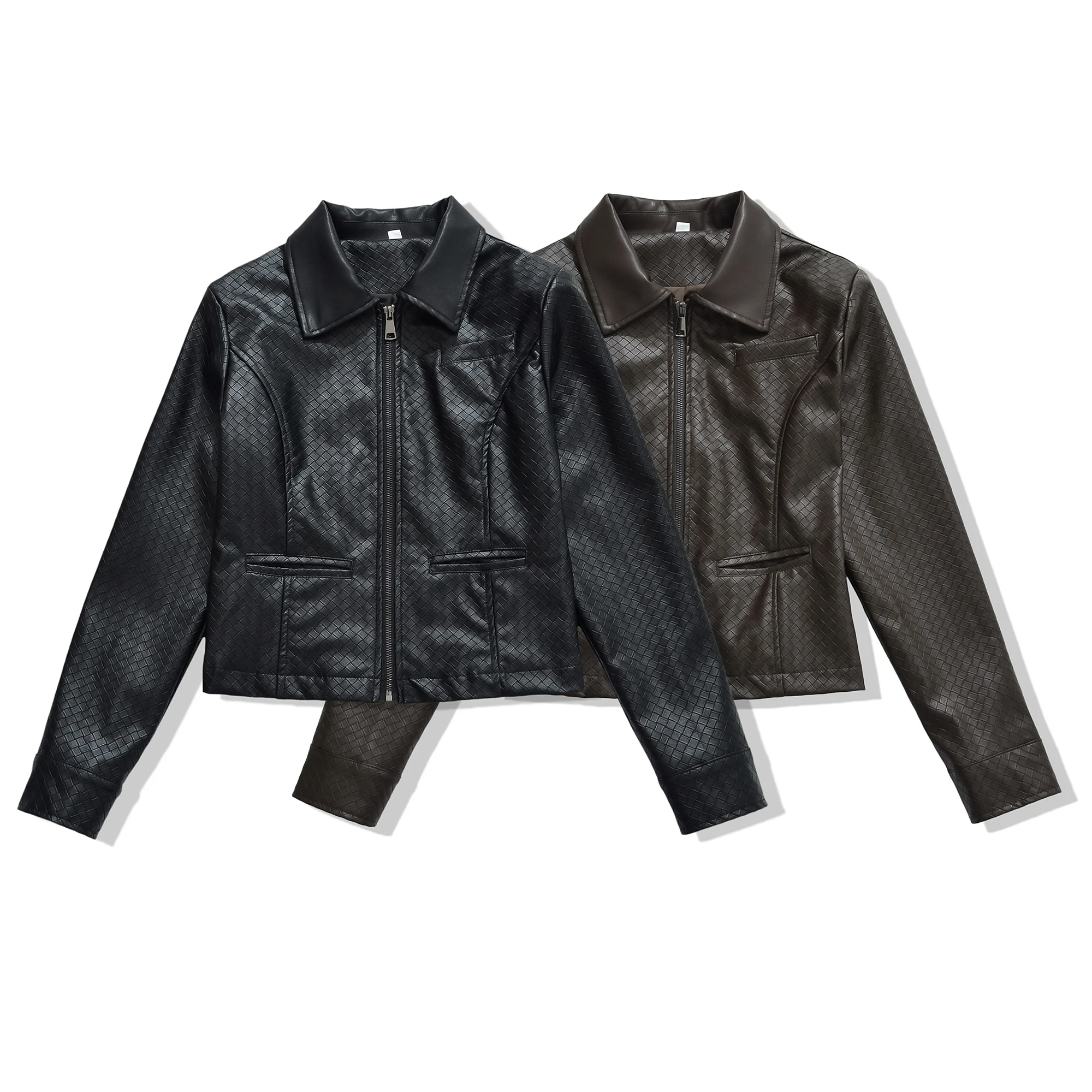 American Retro Women Autumn Black Weave PU Leather Jacket The Spice Girls Lapel Collar Zip Up Coat Outerwear Coffee