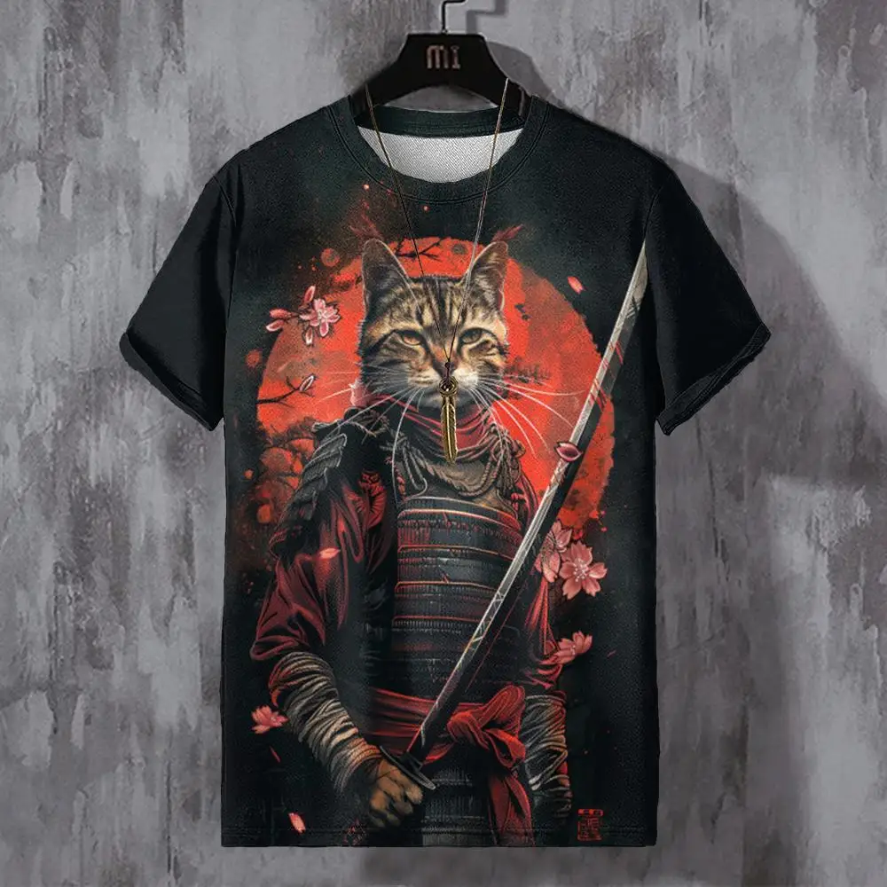 Japanese Art Warrior Kitten Printed T Shirts Men Women O Neck Short Sleeves Casual Streetwear Summer Clothing