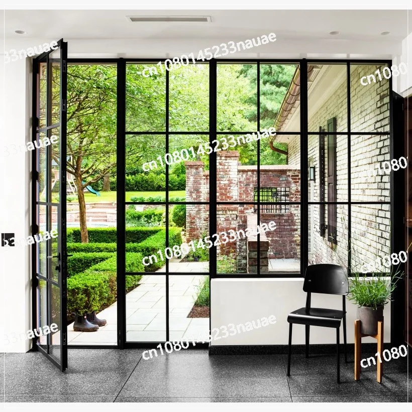 Double Glass French Aluminum Entry Swing Glass Doors Black Steel Frame Exterior