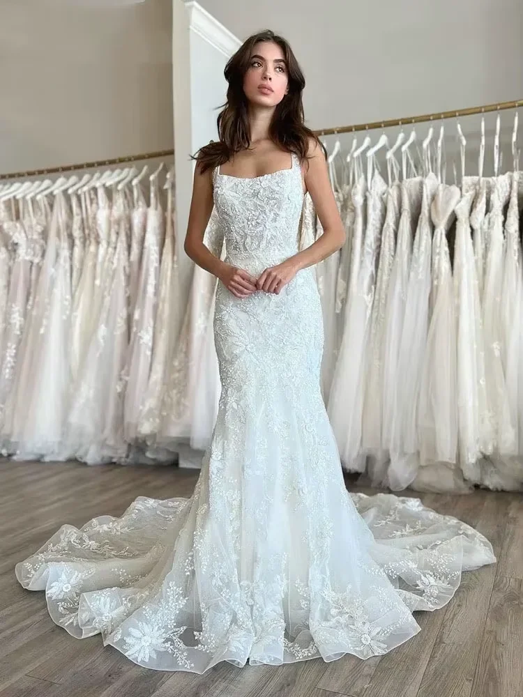 

Customized Lace Mermaid Wedding Dresses Square Collar Sleeveless Bridal Gowns Beading Applique Vestidos de novia