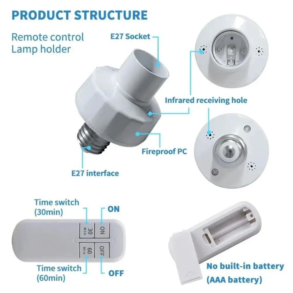 Wireless Remote Control Light Bulb Base AC85-265V Lamp Holder Smart Timer Switch 10m Range Intelligent LED Lamp Base Room