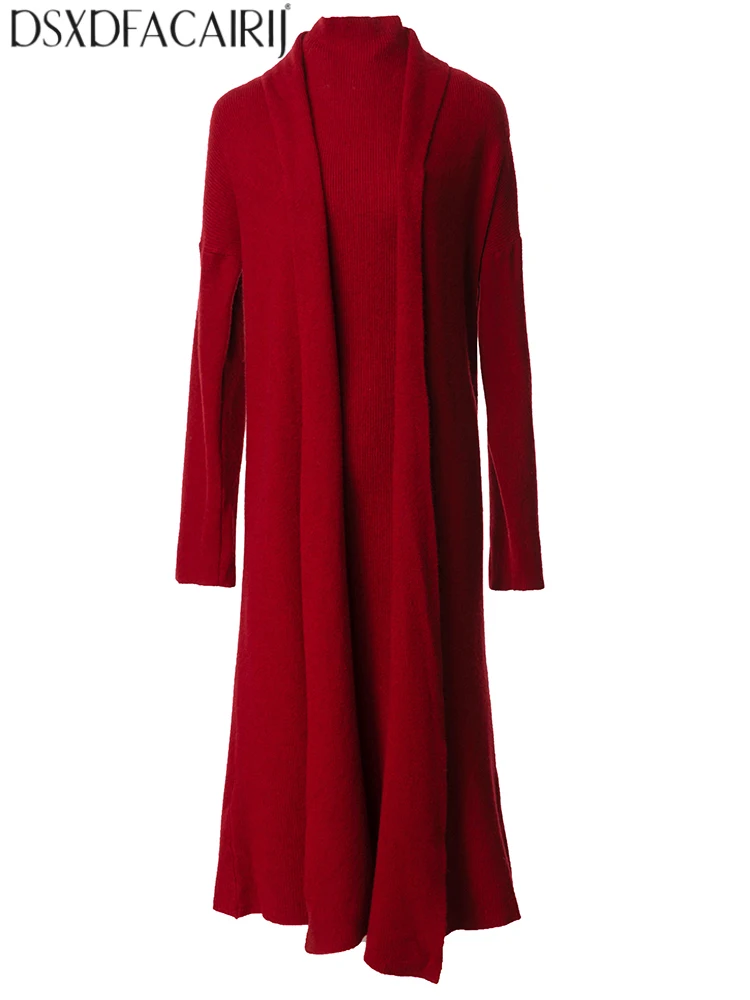 DSFACAIRIJ Women Long Sleeve Open Stitch Coat+ Solid Color Sleeveless Dresses High street knitting Two-Piece Set Autumn Females