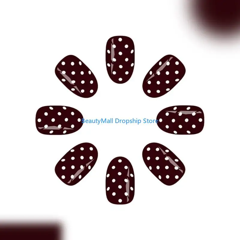 40JD 24pcs French Manicure Press On in Wine Red & White Polkas Dots Pattern ABS Fake Quick Application for Women