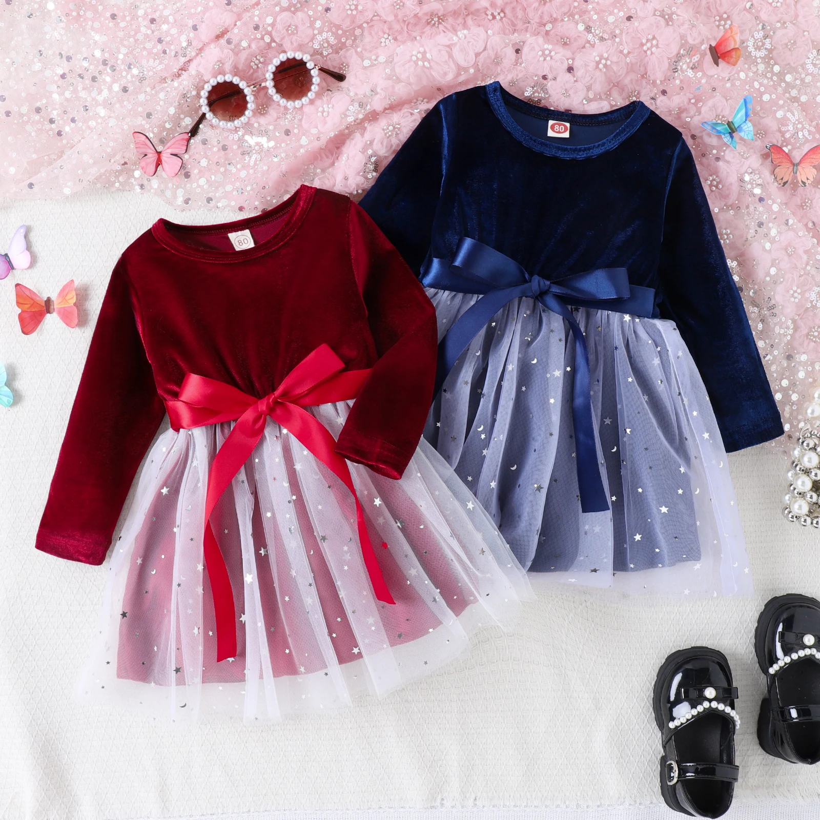 Autumn New Style 1-4-Year-Old Girl Baby Elegant Foreign Style Round Collar Pure Color Gold Velvet Long-Sleeved Mesh Dress