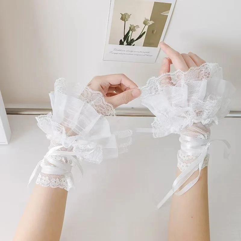 Black White Goth Women Kawaii Lolita Fingerless Gloves Lace Wrist Cuffs Party Fishnet Hand Gloves Tie Up Print Sheer Oversleeves
