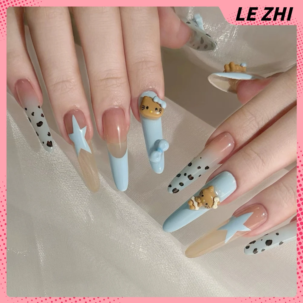 سبايس جيرل مرحبا كيتي اليدوية طويلة مربع خنجر مسمار حزب ملصق Bowknot الماس مرآة سحرية مسحوق الفرنسية الصحافة على الأظافر