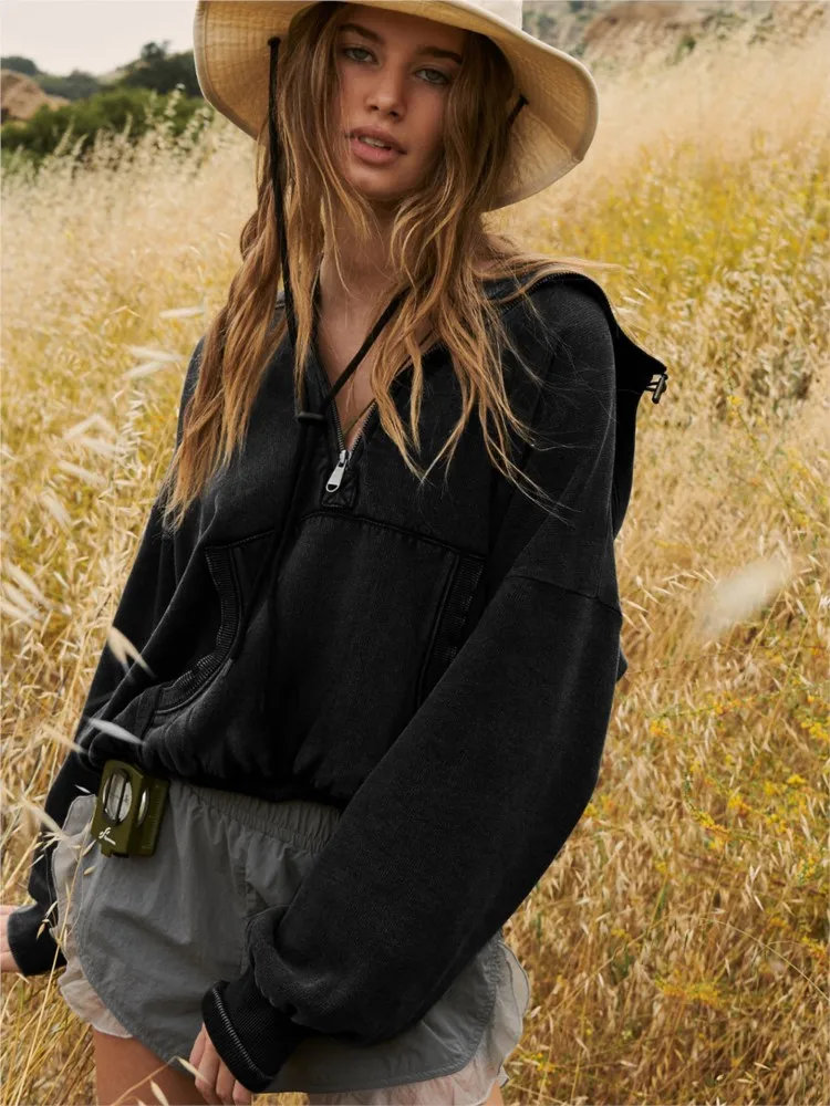 Women's Hoodies Y2k Fashion Half Zipper Pocket Sweatshirt Autumn Winter Women Casual Long Sleeve Loose Short Hoodie Pullovers