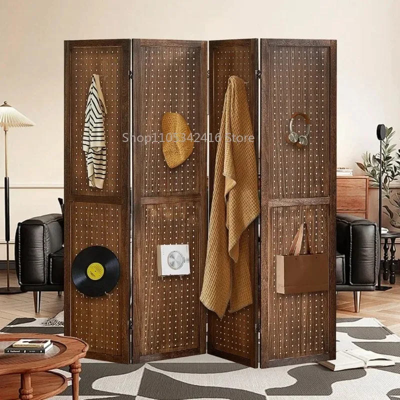 4-Panel Folding Privacy Room Divider, Multi-functional Partition with Pegboard & Hooks for Home Storage Organization
