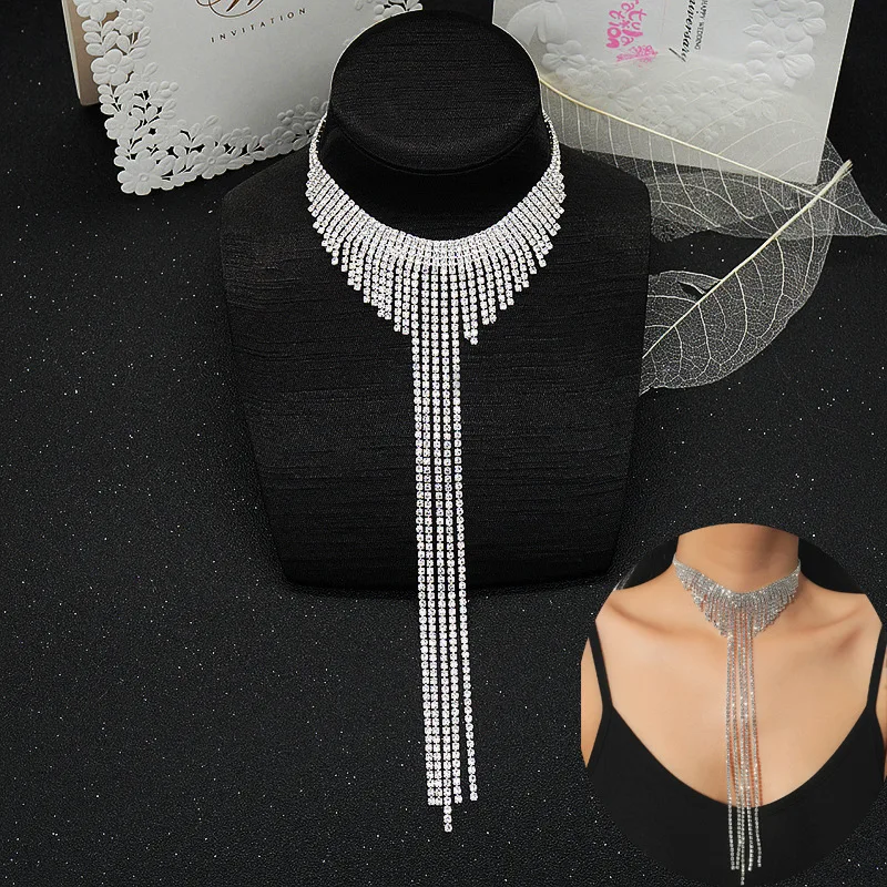 

European and American Entry Lux Fashion Rhinestone Choker Women's Necklace Full Rhinestone Tassel Necklace Sexy Exaggerated Long