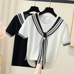 2024 Summer Short Sleeve Korean Sweater Knitted Pullover Women Sweaters Tops All-Match Basic Thin Pull Femme Jumper Female Black