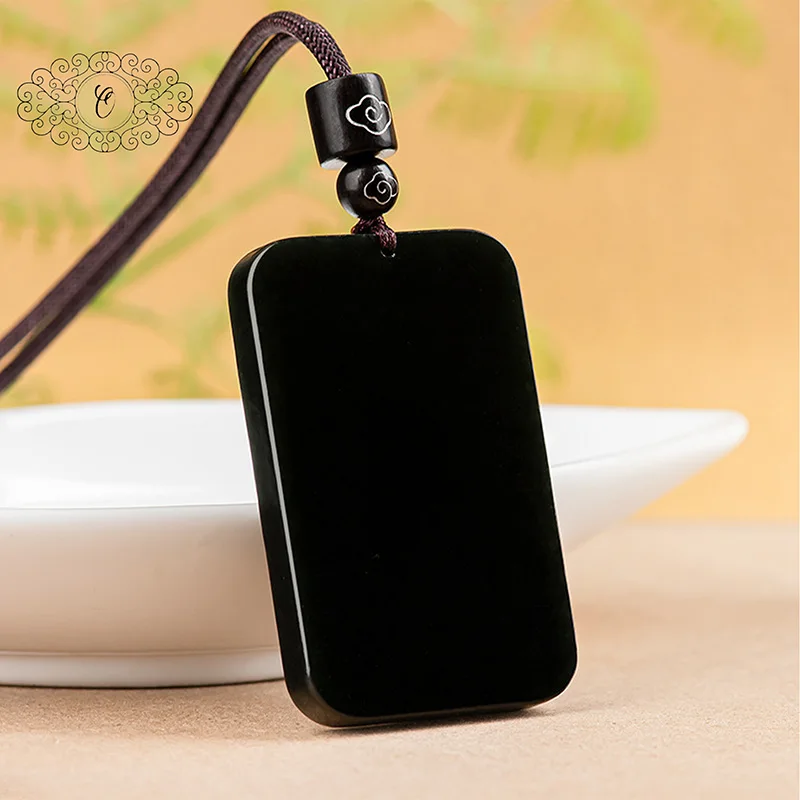

Elegant Black Nephrite Blank Plaque Pendant, Smooth Rectangle with Satin Luster, Timeless Minimalist Necklace for Men &Women
