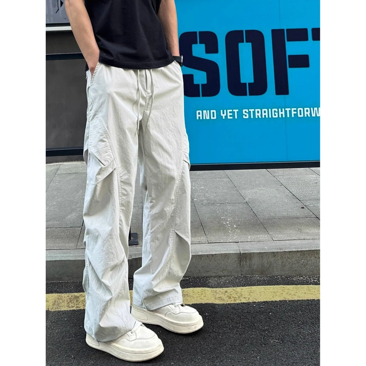 

Мужские свободные брюки с широкими штанинами, повседневные, летние, в стиле рабочей одежды, с отворотами, в японском стиле, модные, для молодежи, с ярким дизайном