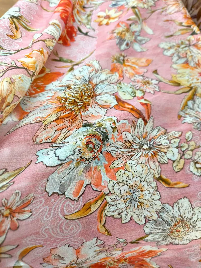 Crepe Italian Luxury D Brand Pink Flowers 100% mulberry Silk Fabric Chiffon Fashion Cloth Shirt Dress Sewing Per Meter Material