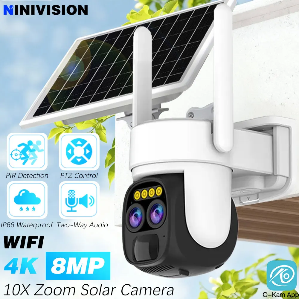 Dual Lens WIFI Solar Cameras 10X Zoom 8MP Wireless Surveillance PTZ Battery Camera 4K Color Night Vision Two Way Audio O-KAM APP