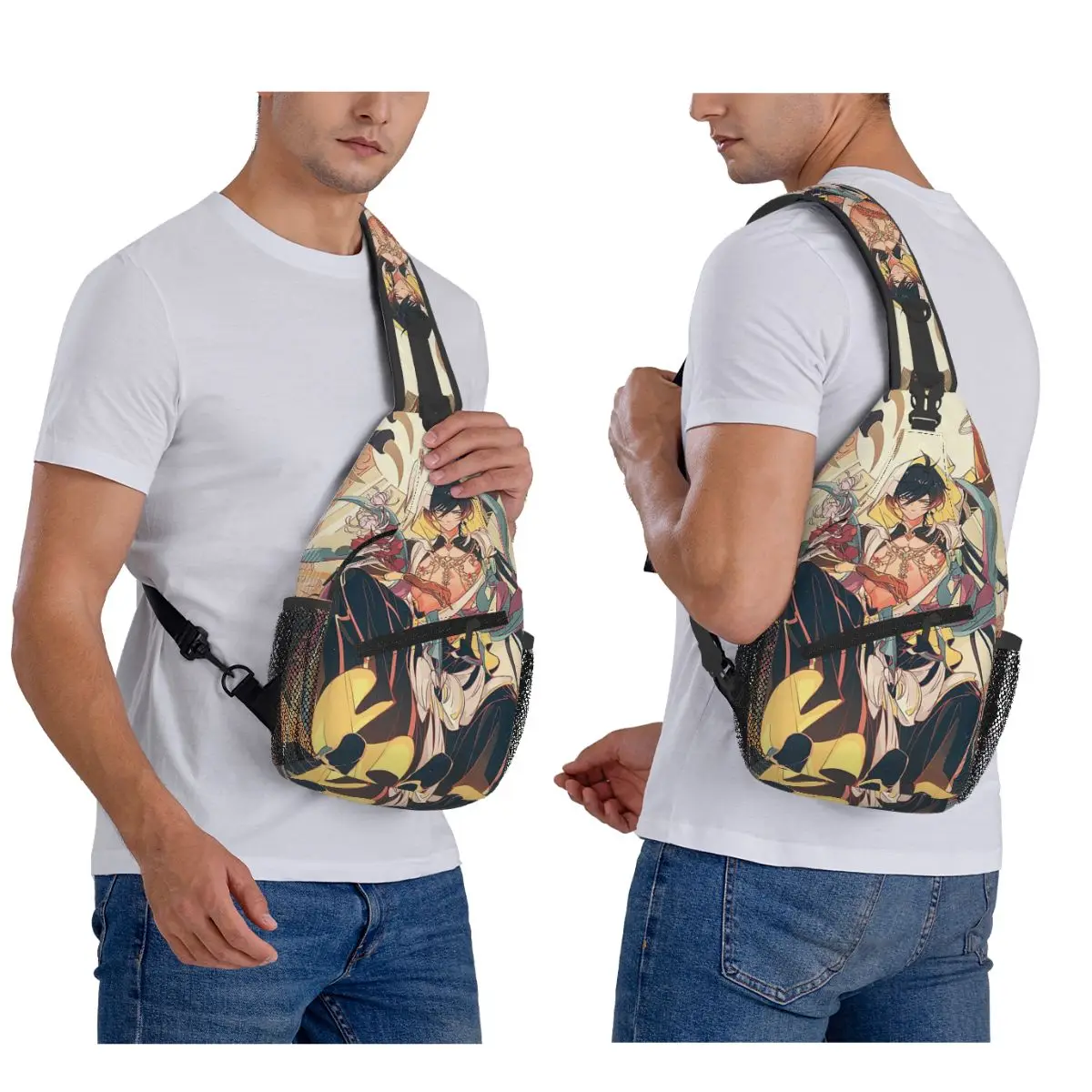 Zhongli Genshin Impact حقيبة الصدر الرجال حبال Crossbody على ظهره حقيبة الصدر السفر المشي لمسافات طويلة Daypack حقيبة الكتف #1