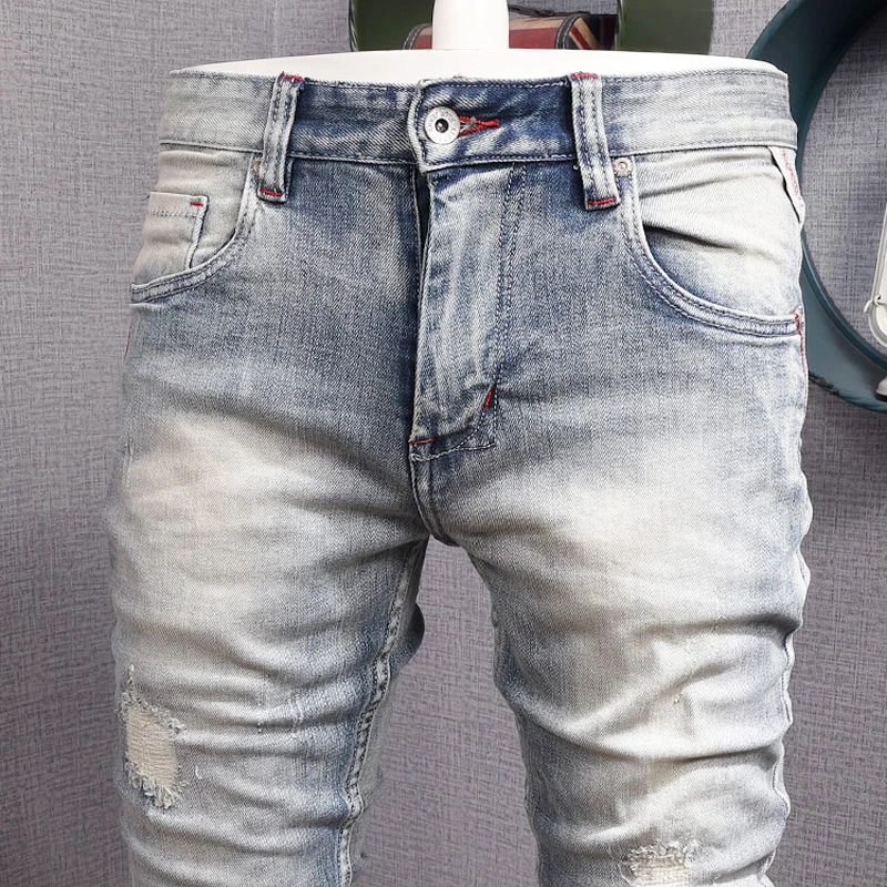 Streetwear Fashion Men Jeans Retro Light Gray Blue Elastic Slim Fit Ripped Jeans Men Vintage Designer Casual Denim Pants Hombre