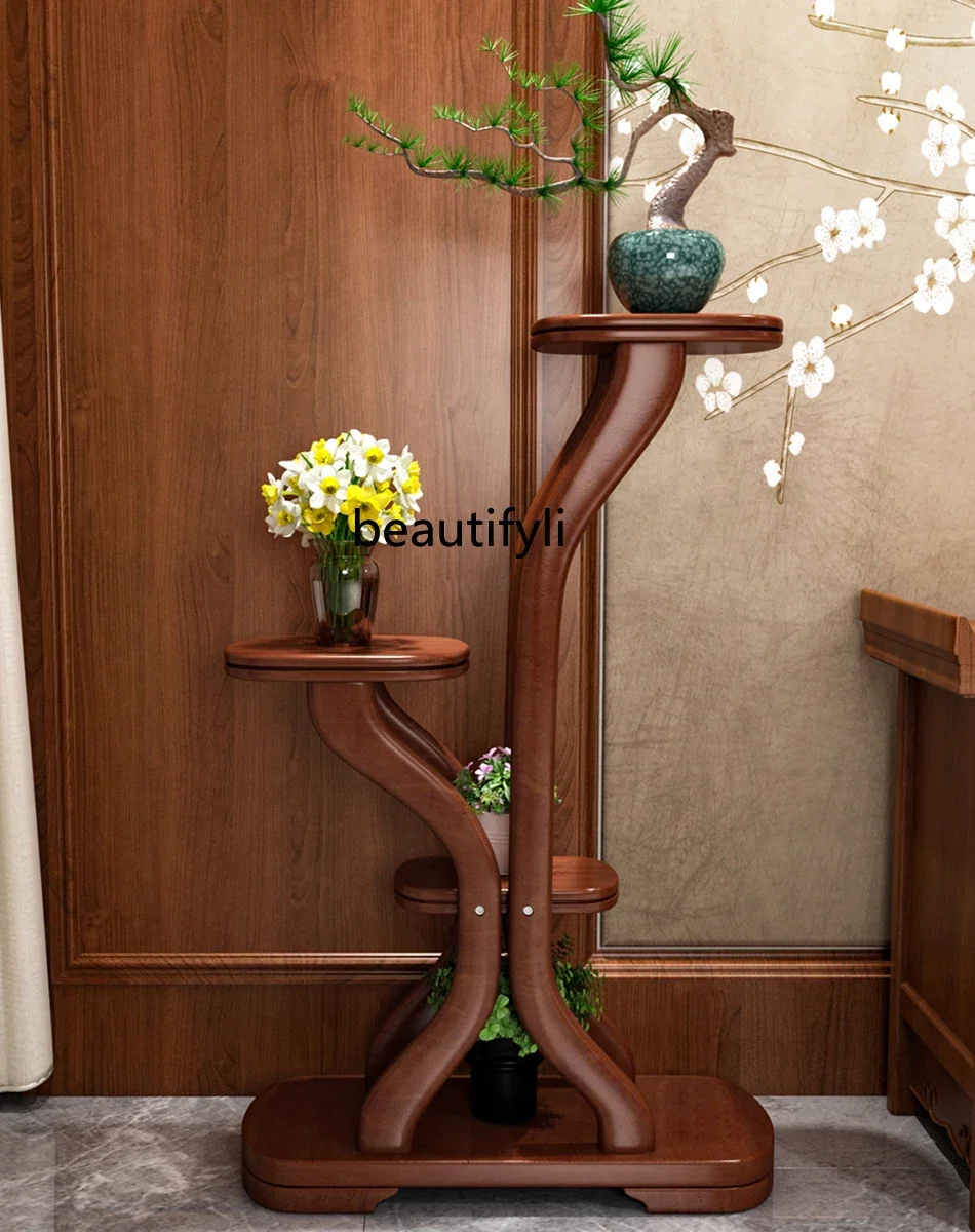 Chinese Style Solid Wood Flower Stand Shelf   Interior Bonsai Shelf Multi-Layer Floor Modern Minimalist Potted Decoration