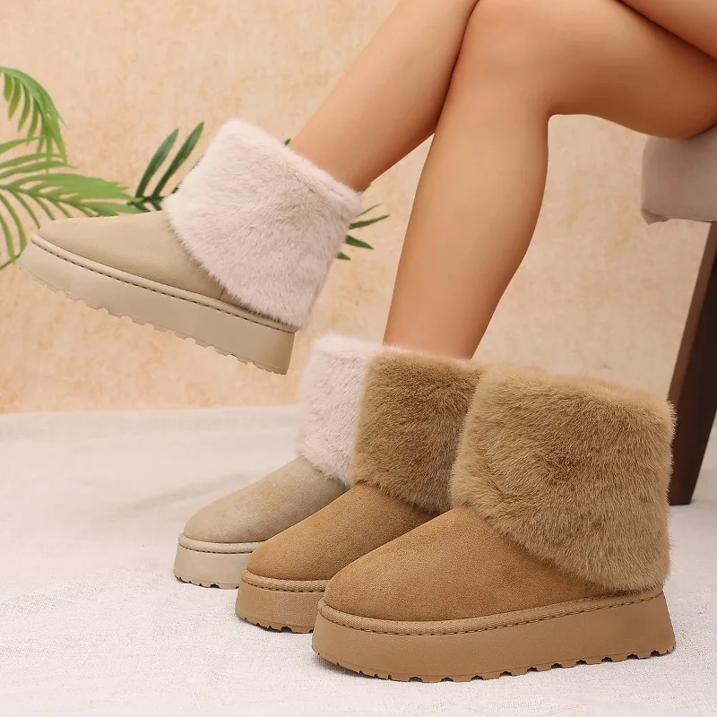 Botines de invierno para mujer con forro de felpa grueso, parte superior de gamuza, cuello de pelo, suela antideslizante y plataforma, calzado cálido para uso diario.