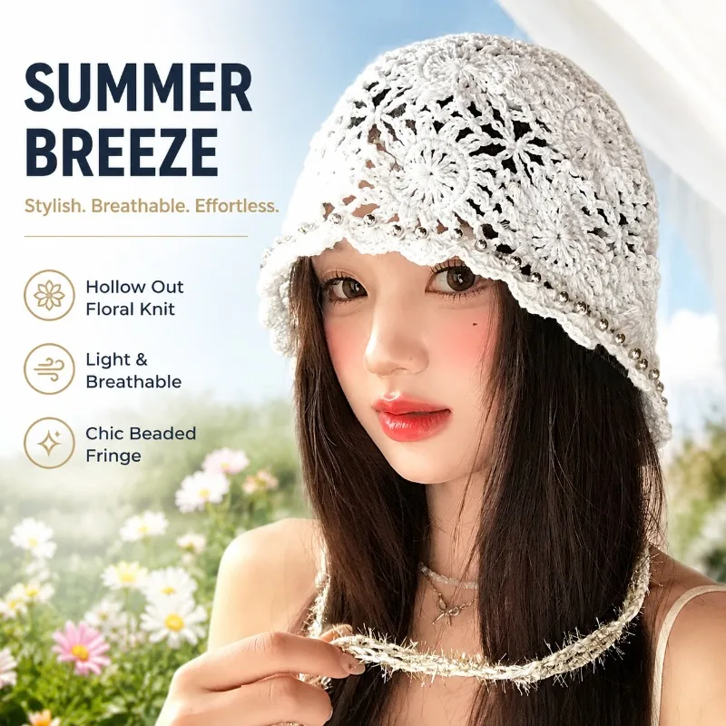 chapeau-bob-tricote-blanc-pour-femme-motif-floral-creux-perle-franges-respirantes-tendance-estivale