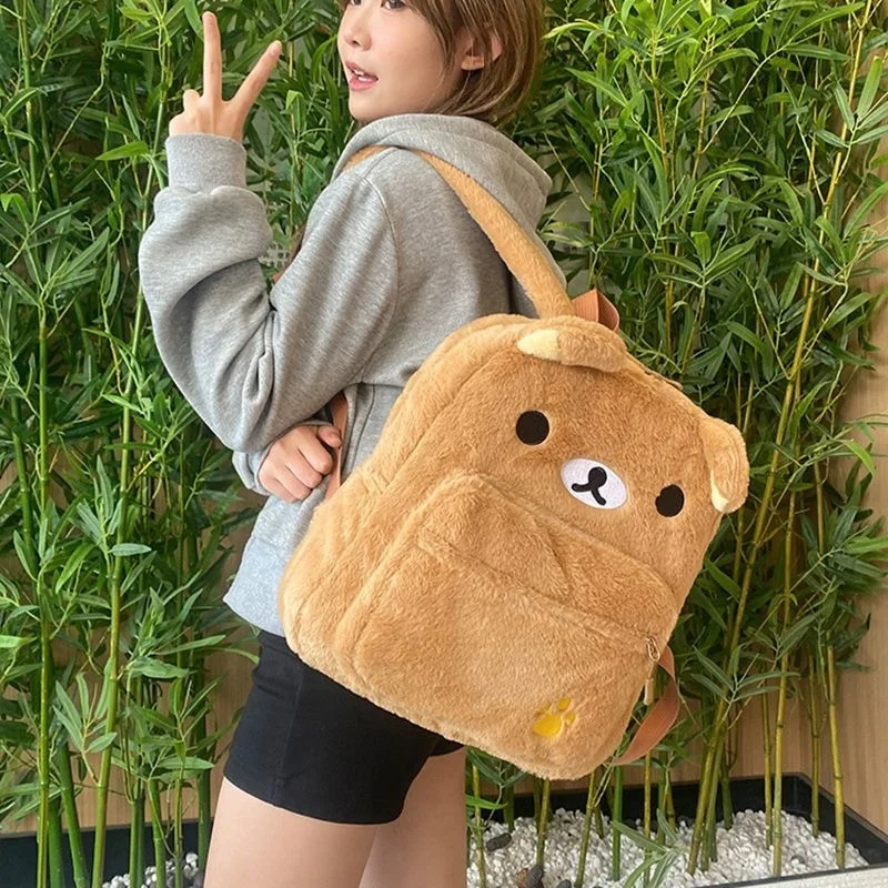 Japanese-style Cute Plush Brown Rilakkuma Backpack New Embroidered Little Bear Adjustable Shoulder Strap Large-capacity Backpack