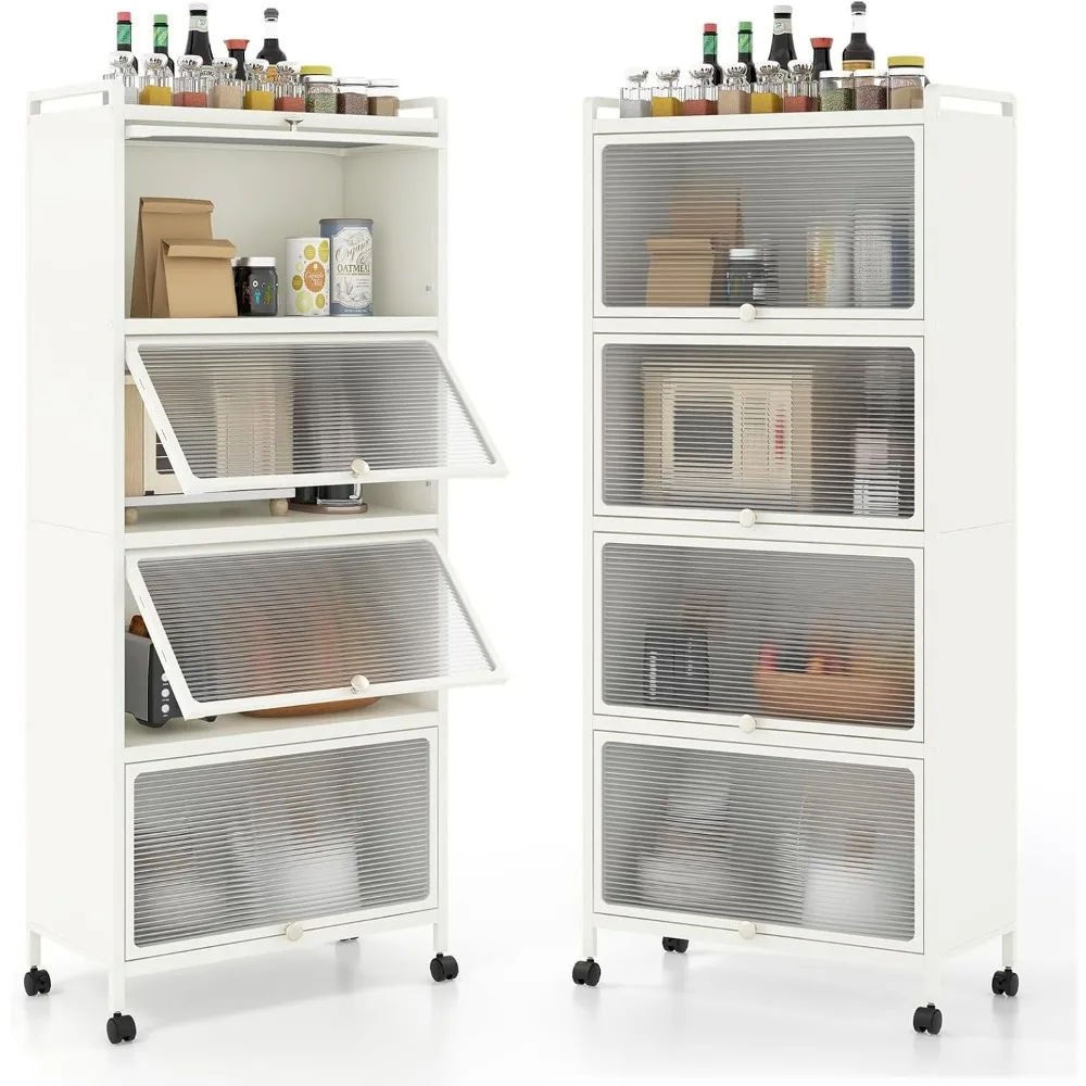 

5-Tier Kitchen Storage Cabinet,Mobile Microwave Stand with Flip-up PCDoors,Freestanding Kitchen Bakers Rack with4Rolling Casters