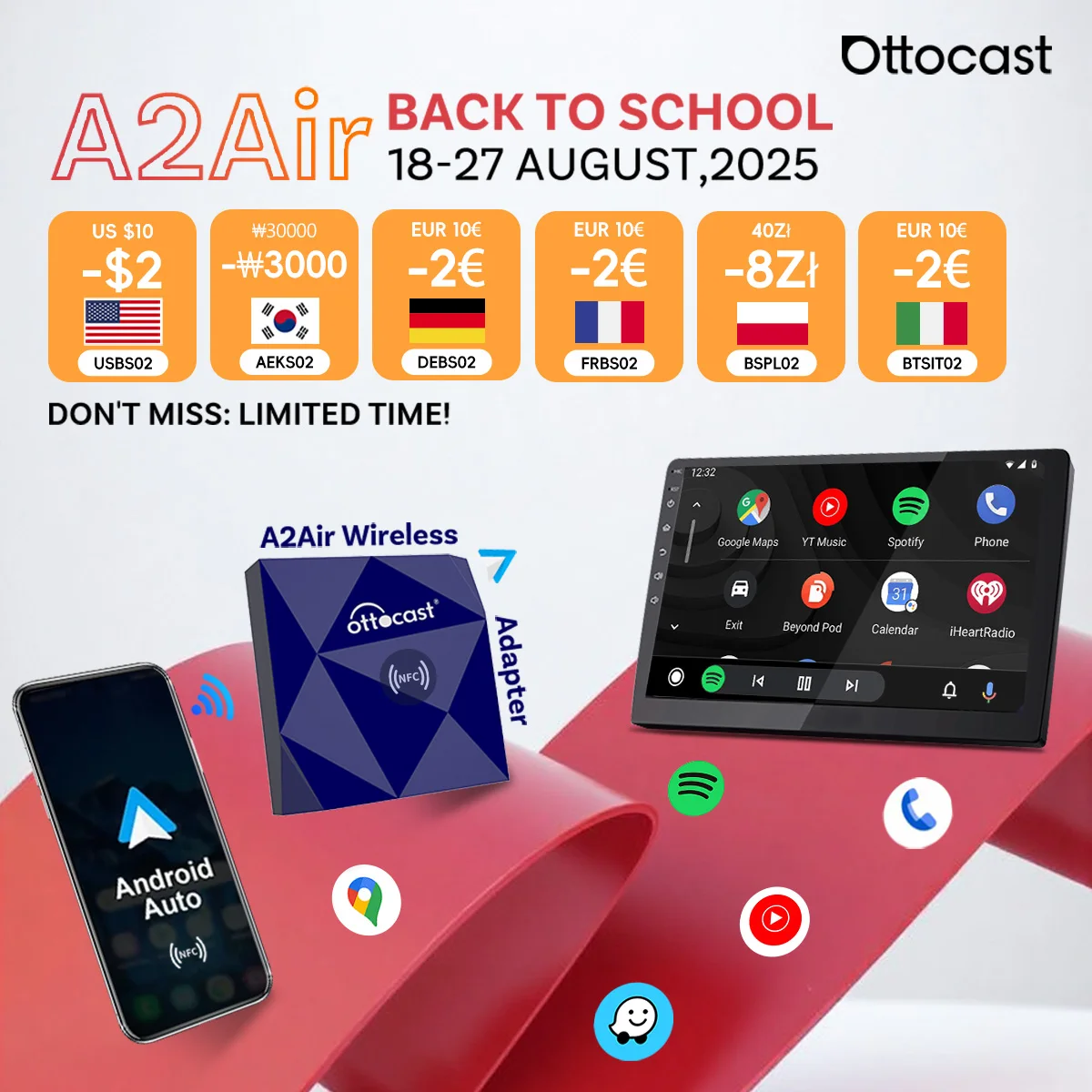 A2Air ไร้สาย Android Auto NFC Adapter สําหรับ OEM แบบมีสาย Android Auto Car Fast Connect เก็บ OEM ควบคุม Play และ Play ใหม่ 2025