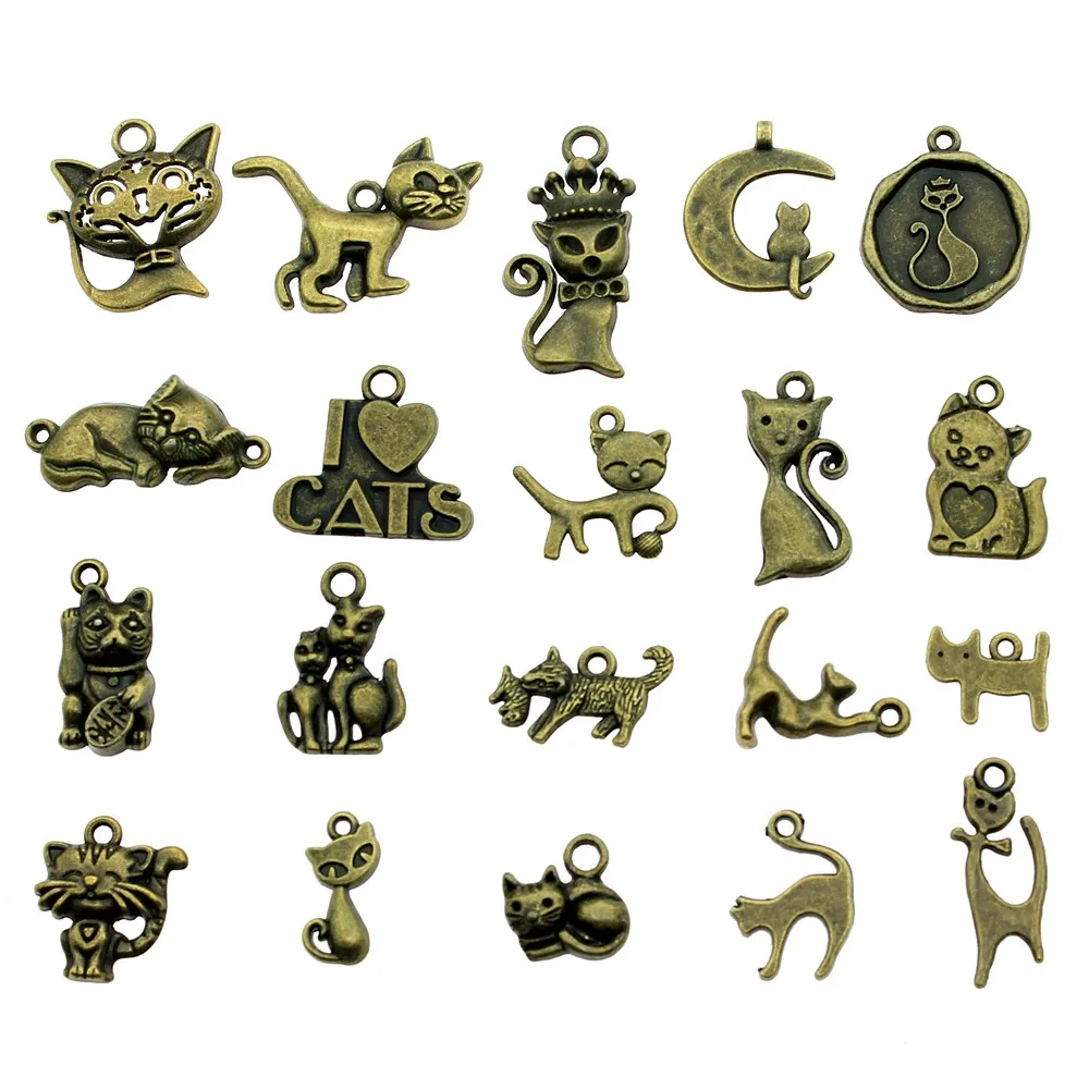 20pcs Cat Charms Pendant Antique Bronze Color Cat Charm Pendants Jewelry Accessories DIY Kawaii Cat Charms