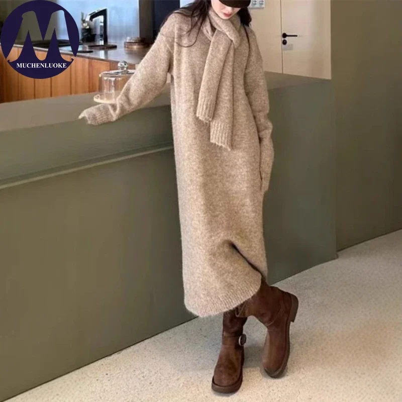 우아한 브이넥 니트 스웨터 드레스 여성용 다용도 가을 겨울 롱 캐주얼 루즈 패션 한국 스타일 스카프 포함