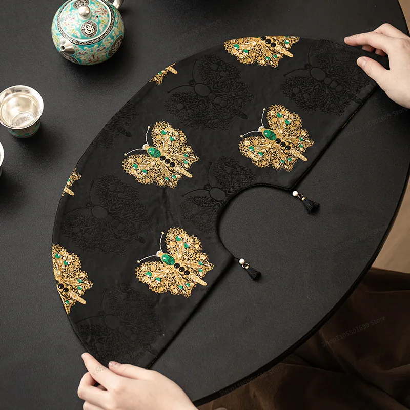 For Fan-shaped Tea Party, Tea Table Mat Brocade Jacquard Double-sided  Flag Tea Set Accessories