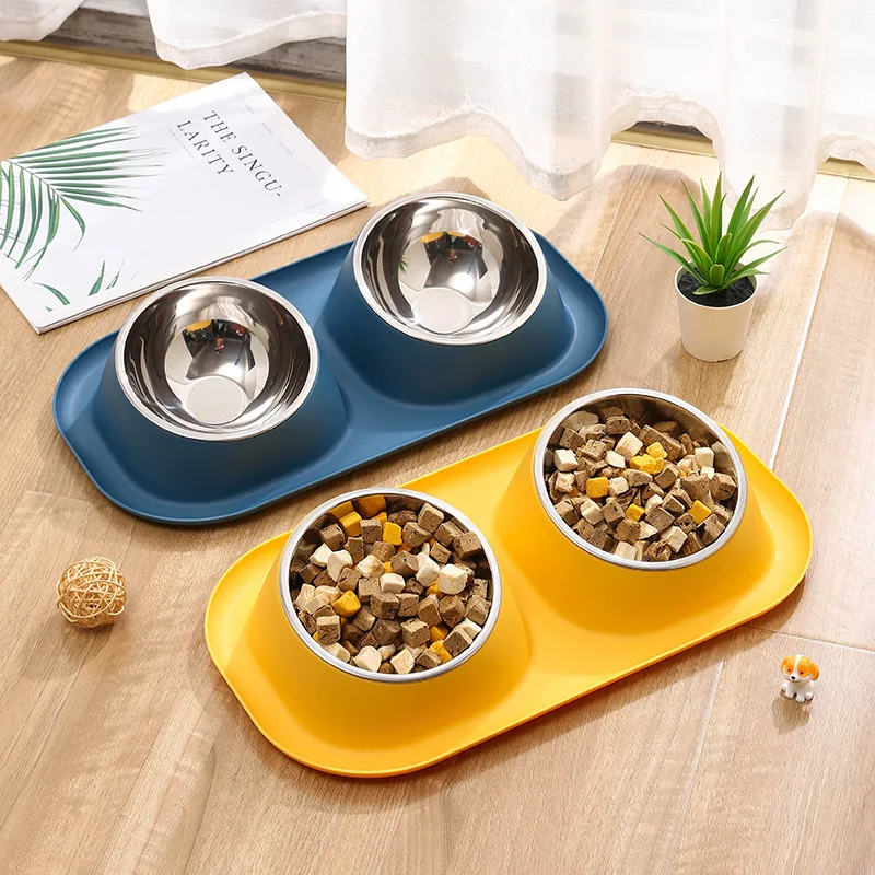 1pc Stainless Steel Double Cat Dog Bowl Cat Food Container Non-slip Base Pet Water Feeder Tilt Safeguard Neck Puppy Cats Bowls