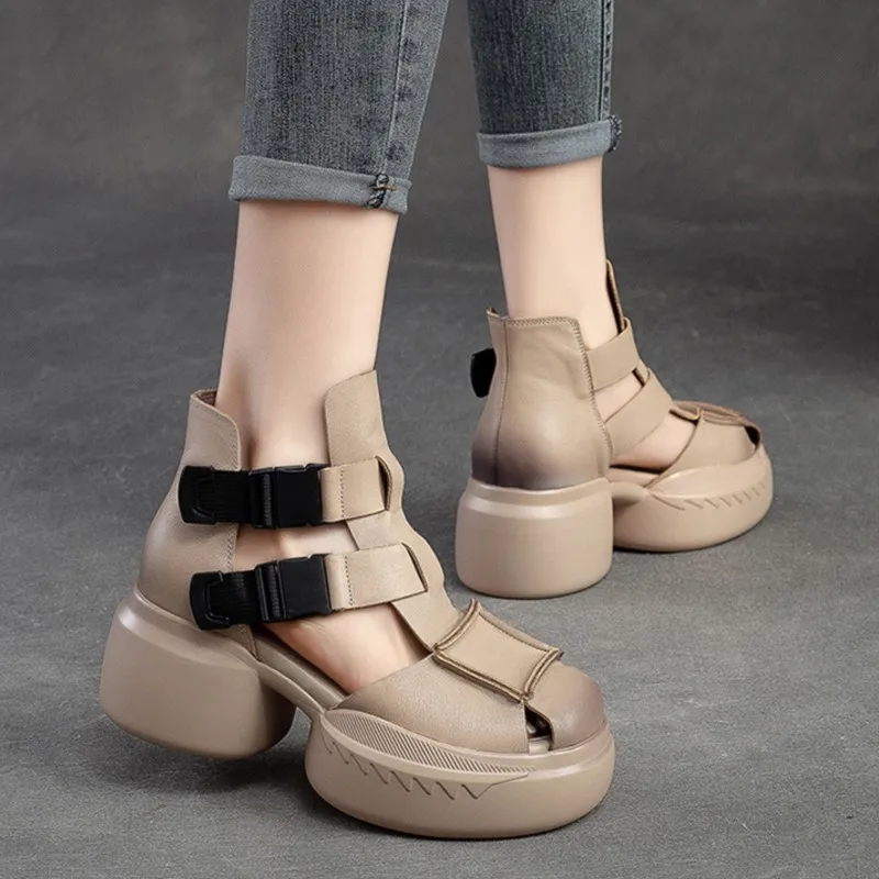 GKTINOO 2024 New Summer Black Women Genuine Leather Sandals Cool Boots Platform Shoes Wedges Sandals Women Shoes Outdoor Sandals