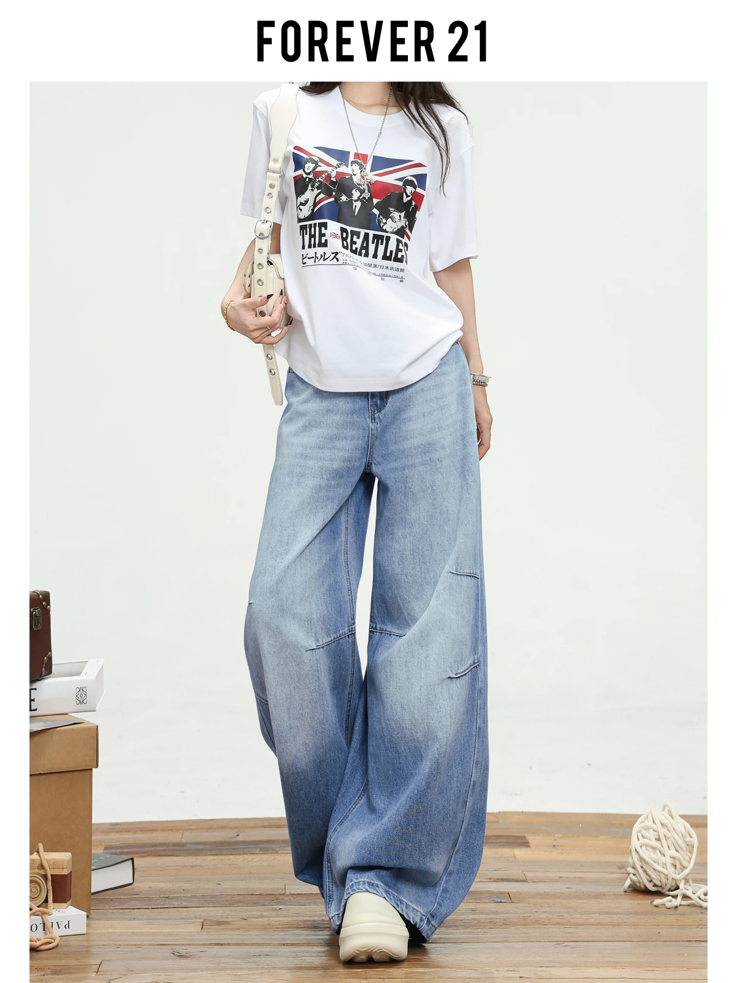 Jeans de mezclilla holgados de cintura alta con forma de pera azul vintage de Forever 21 para mujer, pantalones rectos con caída y cintura alta, estilo casual