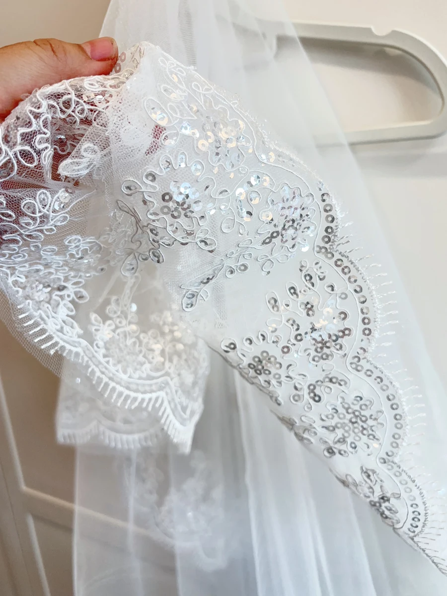 3M 오프 화이트 대성당 웨딩 베일 빗 웨딩 액세서리 화이트 베일 신부와 긴 레이스 가장자리 신부 베일