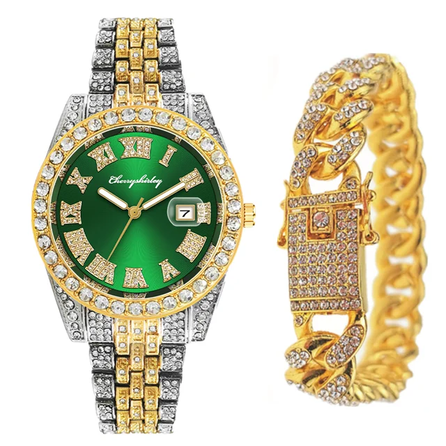 2pcs Full Iced Out Watches Men's Cuban Bracelet Bling Luxury Blue Wristwatch Jewelry for Men Gold Fashion Hip Hop Set Clocks