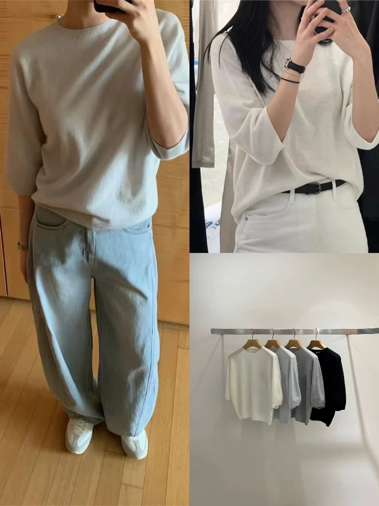 

Loose Fit Knitwear Women's Color round Ne Svel Sle Lazy Faion mid Sve Top Pure Color Loose Version