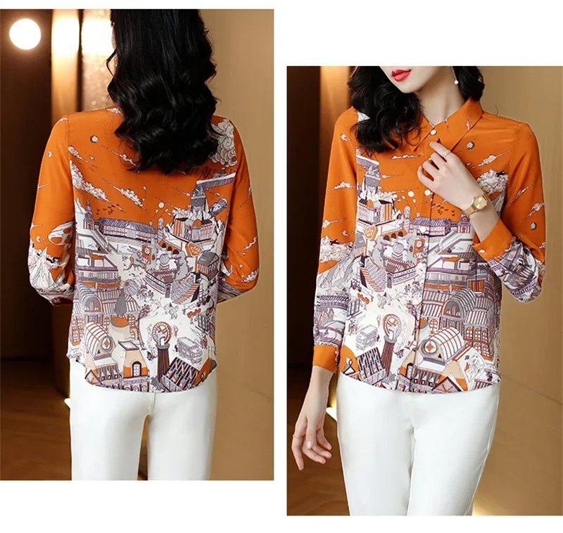 S-3XL Orange White Print Spring Summer Shirts for Women Tops Korean Style Casual Long Sleeved Shirt blusas de mujer