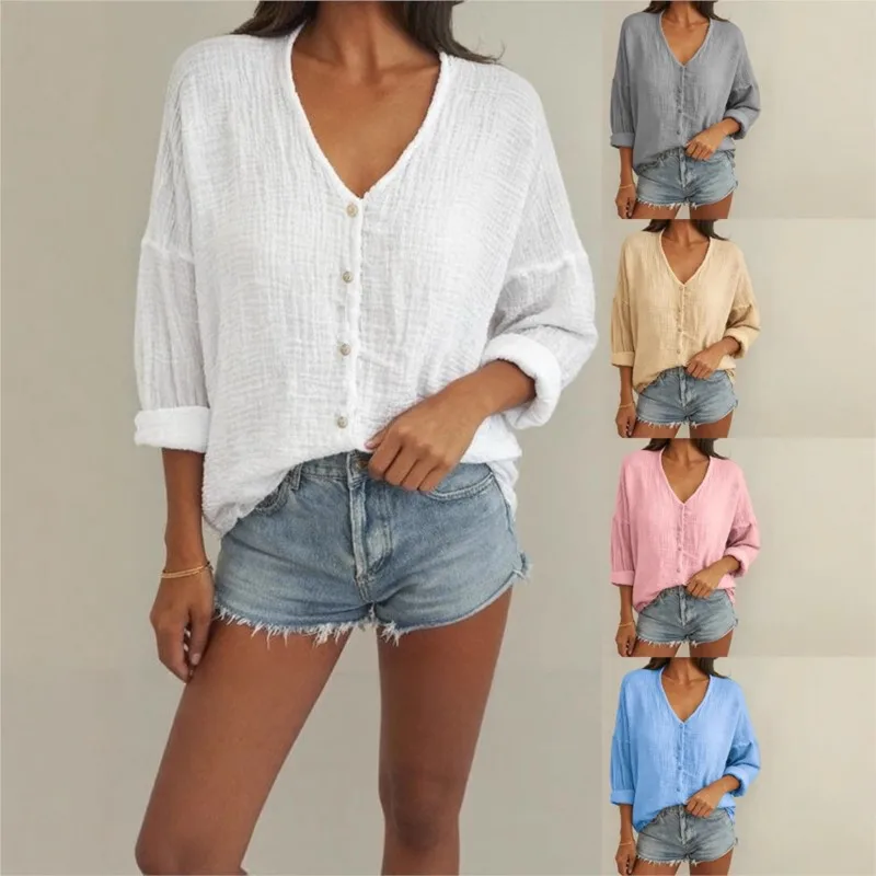 

Women's Basic Simple Style Solid Color Single Breasted Cardigan Shirt Summer Thin Style Loose Top Lady Versatile V-neck Blouses