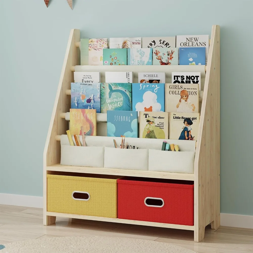 Scaffale per libri per bambini a 4 livelli, scaffale per libri in legno per bambini con Organizer per riporre i giocattoli,