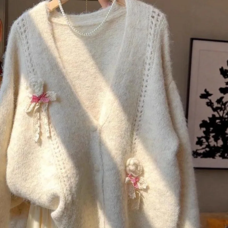 

French Gentle Sweet Versatile Retro Bow Sweater for Women Loose Soft Glutinous Versatile Knitted Cardigan